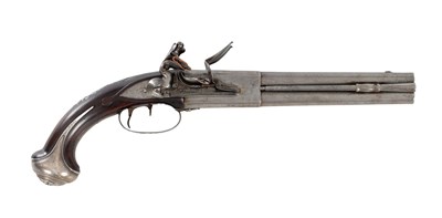 Lot 649 - JAMES BARBAR, LONDON. A RARE 18TH CENTURY OVER-AND-UNDER FLINTLOCK PISTOL