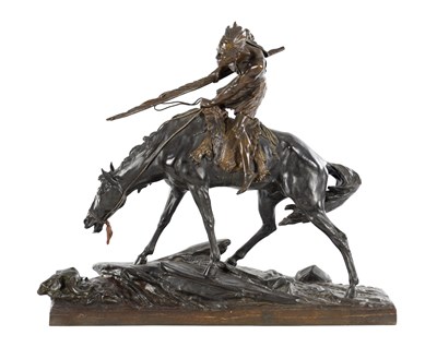 Lot 1052 - EDOUARD DROUOT (1859-1945) AN EARLY 20TH CENTURY PATINATED BRONZE FIGURE OF A NATIVE AMERICAN ON HORSEBACK