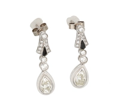 Lot 383 - A PAIR OF PLATINUM, DIAMOND AND ONYX PENDANT EARRINGS