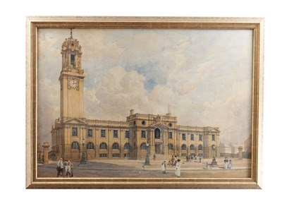 Lot 713 - ERNEST EDWARD FETCH. A LARGE WATERCOLOUR OF SOUTH SHIELDS TOWN HALL PAINTED BY THE ARCHITECT