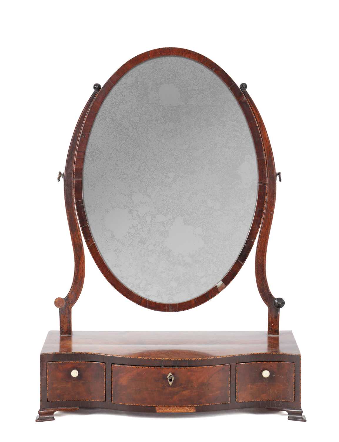 Lot 1536 - A GEORGE III MAHOGANY SERPENTINE FRONTED TOILET MIRROR
