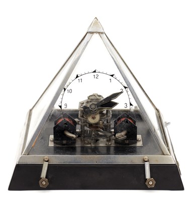 Lot 1182 - AN ELECTRO-MAGNETIC CHROME AND BAKELITE PYRAMID CASED MANTEL CLOCK