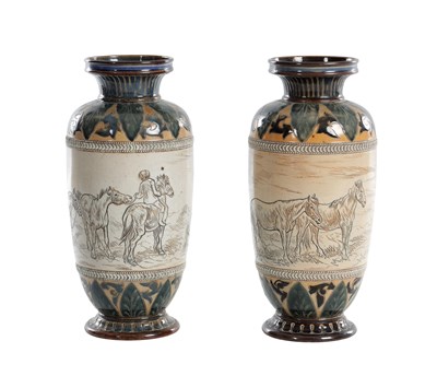 Lot 39 - A PAIR OF DOULTON LAMBETH HANNAH BARLOW STONEWARE HORSE VASES