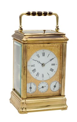 Lot 1305 - A 20TH CENTURY FRENCH BRASS GORGE CASED REPEATING CARRIAGE CLOCK WITH CALENDAR