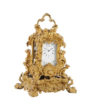 Lot 1334 - MARTIN BASKETT, PARIS. A FINE 19TH CENTURY FRENCH GILT BRASS ROCOCO REPEATING CARRIAGE CLOCK ON STAND