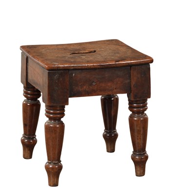 Lot 1386 - A 19TH CENTURY BURR ELM AND YEW WOOD STOOL WITH CENTRAL CARRYING SLOT