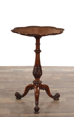 Lot 1485 - A 19TH CENTURY GILLOWS OF LANCASTER AMBOYNA AND CARVED WALNUT TRIPOD OCCASIONAL TABLE