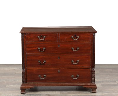 Lot 1455 - A GEORGE III LANCASHIRE RED WALNUT CHEST OF DRAWERS