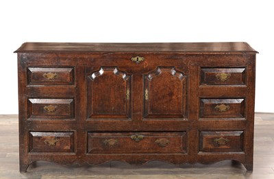 Lot 1363 - AN EARLY 18TH CENTURY ENGLISH OAK DRESSER BASE WITH ARCHED PANELLED DOORS