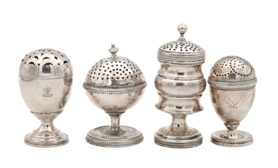 Lot 161 - A COLLECTION OF FOUR GEORGIAN ENGLISH SILVER PEPPER CASTERS