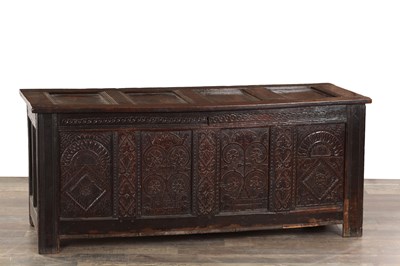 Lot 1419 - A 17TH CENTURY ENGLISH OAK PANELLED COFFER