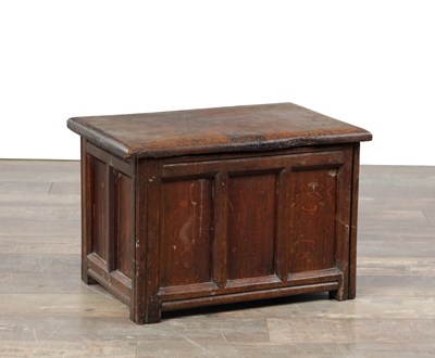 Lot 1402 - AN 18TH CENTURY STYLE PANELLED OAK LIDDED BOX
