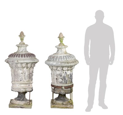 Lot 1365 - AN IMPRESSIVE PAIR OF LATE 18TH / EARLY 19TH CENTURY LEAD LIDDED GARDEN URNS