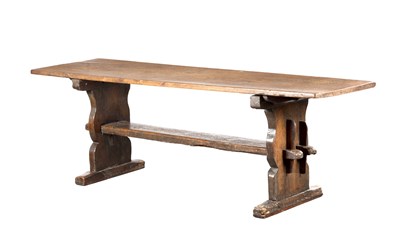 Lot 1483 - A 17TH CENTURY OAK TRESTLE REFECTORY TABLE WITH ONE-PIECE TOP