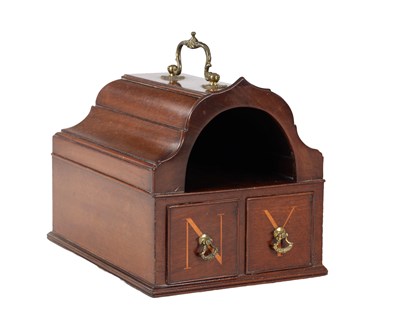 Lot 771 - A GEORGE III MAHOGANY BALLOT BOX WITH SHAPED DOME TOP AND TWIN DRAWERS INLAID Y AND N