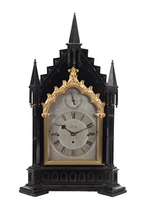 Lot 1343 - A VICTORIAN EBONISED AND GILT GOTHIC STYLE BRACKET CLOCK BY FRENCH, ROYAL EXCHANGE, LONDON