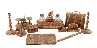 Lot 1069 - AN ELEVEN-PIECE WILLIAM IV BURR-WALNUT AND GILT-MOUNTED DESK SET