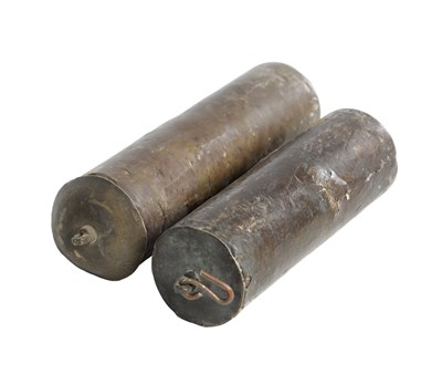 Lot 1193 - A PAIR OF 18TH CENTURY BRASS CASED LONGCASE CLOCK WEIGHTS
