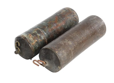 Lot 1332 - A PAIR OF 18TH CENTURY BRASS CASED LONGCASE CLOCK WEIGHTS