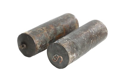Lot 1334 - A PAIR OF 18TH CENTURY BRASS CASED LONGCASE CLOCK WEIGHTS