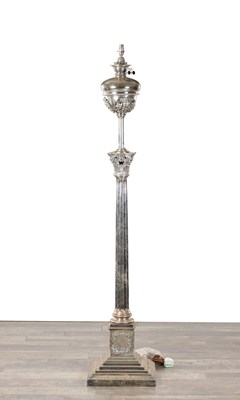 Lot 995 - A LATE 19TH CENTURY SILVERED BRASS ADJUSTABLE STANDARD LAMP WITH CORINTHIAN COLUMN BASE CONVERTED FROM AN OIL LAMP