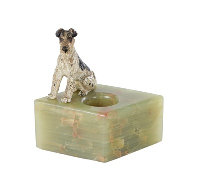 Lot 941 - FRANZ BERGMAN (1861 - 1936) AN AUSTRIAN COLD-PAINTED BRONZE TERRIER DESK SEAL WITH ONYX BASE