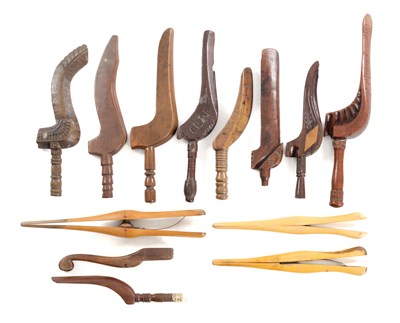 Lot 766 - A COLLECTION OF 19TH AND EARLY 20TH CENTURY CARVED WOOD TREEN KNITTING SHEATHS INCLUDING GLOVE STRETCHERS