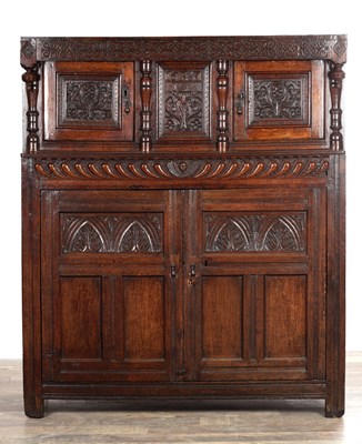 Lot 1459 - A 17TH CENTURY OAK PRESS CUPBOARD