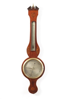Lot 1312 - PASTORETTI A GEORGE III INLAID MAHOGANY SHERATON WHEEL BAROMETER