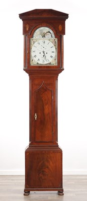 Lot 1204 - STOCKELL & A. STUART, NEWCASTLE, A GEORGE III MAHOGANY EIGHT DAY PAINTED DIAL MOONROLLER LONGCASE CLOCK