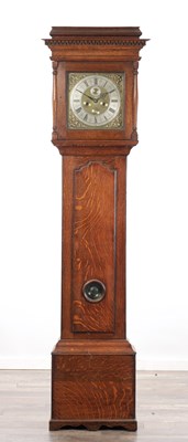 Lot 1345 - ROBERT BINNS, HALIFAX, AN EARLY 18TH CENTURY OAK EIGHT DAY LONGCASE CLOCK WITH 11-INCH SQUARE BRASS DIAL