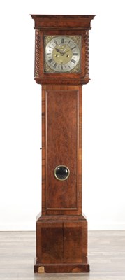 Lot 1302 - PETER WISE, LONDON, AN EARLY 18TH CENTURY 12-INCH SQUARE BRASS DIAL EIGHT DAY LONGCASE CLOCK IN A MODERN BURR WALNUT CASE