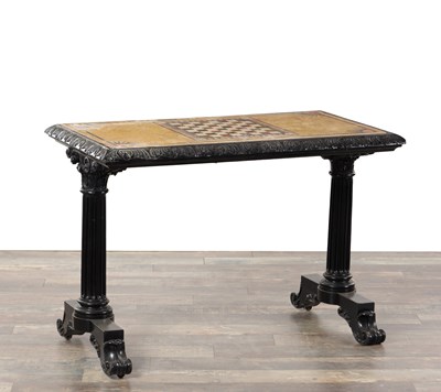 Lot 1405 - A RARE REGENCY SPECIMEN MARBLE AND EBONISED LIBRARY TABLE