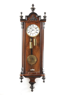 Lot 1327 - A LATE 19TH CENTURY WALNUT AND EBONISED DOUBLE WEIGHT VIENNA STYLE REGULATOR WALL CLOCK