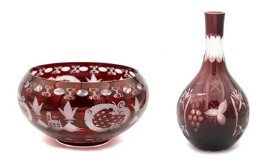 Lot 19 - TWO LATE 19TH/EARLY 20TH CENTURY BOHEMIAN RUBY OVERLAY CUT GLASS BOWL AND DECANTER