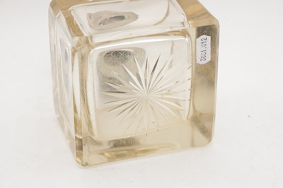 Lot 565 - A VICTORIAN CUT GLASS INKWELL WITH DOMED METAL COVER APPLIED WITH CROSSED GOLF CLUBS