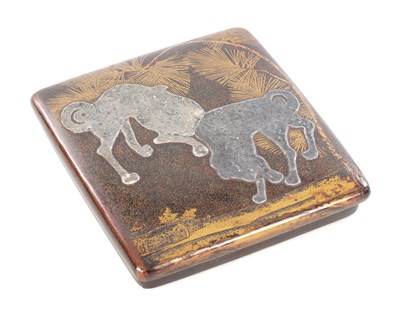 Lot 615 - AN 18TH CENTURY JAPANESE LACQUER WRITING BOX WITH INK STONE DECORATED WITH SILVER-INLAID ANIMALS