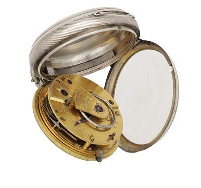 Lot 414 - A 19TH CENTURY SILVER OPEN FACED POCKET WATCH WITH MASSEY'S PATENT MOVEMENT