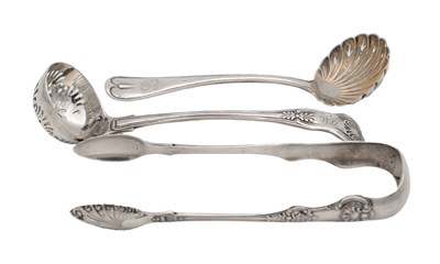 Lot 137 - A COLLECTION OF 19TH CENTURY SILVER SUGAR TONGS AND TWO SIFTER LADLES