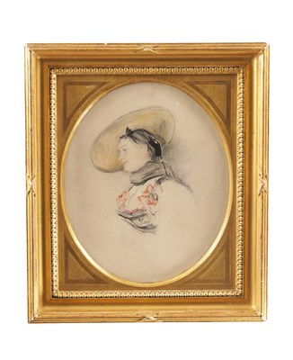 Lot 746 - JOHN FREDERICK LEWIS (BRITISH 1805-1876) A MID 19TH CENTURY WATERCOLOUR AND PENCIL PORTRAIT OF A LADY