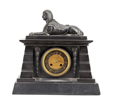 Lot 1280 - A 19TH CENTURY FRENCH BRONZE AND SLATE EGYPTIAN REVIVAL MANTEL CLOCK WITH SPHINX SURMOUNT