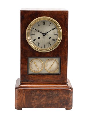 Lot 1196 - A MID 19TH CENTURY FRENCH BURR WALNUT MANTEL CLOCK WITH CALENDAR