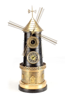 Lot 1263 - A LATE 19TH CENTURY FRENCH BRASS AND PATINATED METAL INDUSTRIAL AUTOMATON WINDMILL CLOCK WITH AN ANEROID BAROMETER