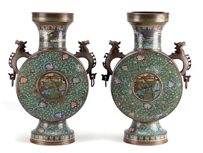 Lot 610 - A LARGE PAIR OF 19TH CENTURY CHINESE CLOISONNE ENAMEL MOONFLASKS WITH DRAGON HANDLES