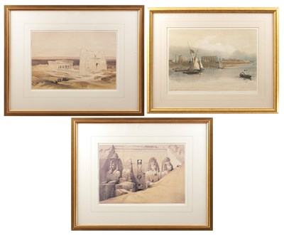 Lot 722 - DAVID ROBERTS (SCOTTISH 1796-1864) A COLLECTION OF THREE GLAZED AND FRAMED TINTED LITHOGRAPHS OF DYNASTIC EGYPT