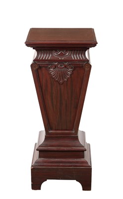 Lot 1504 - A LATE 19TH CENTURY MAHOGANY PEDESTAL OF TAPERING PANELLED FORM WITH CARVED SHELL FRIEZE