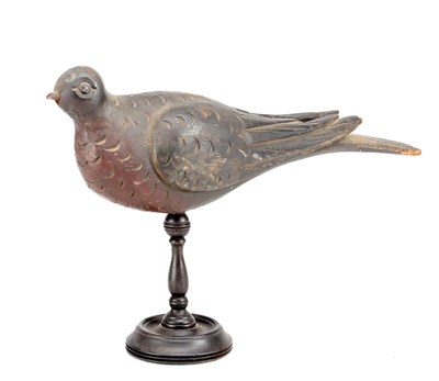 Lot 817 - A 19TH CENTURY CARVED WOOD PIGEON ON STAND
