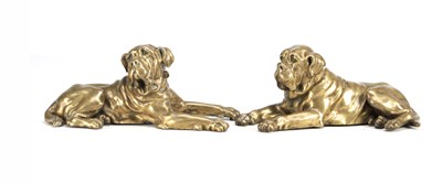 Lot 1070 - A PAIR OF 19TH CENTURY BRONZE BULLDOG FIGURES