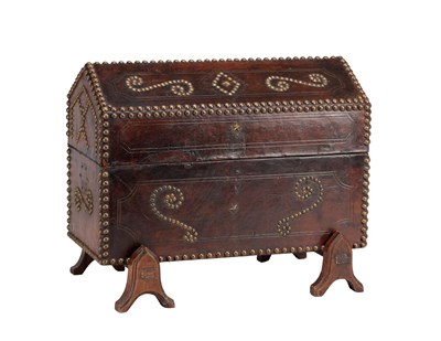 Lot 1467 - AN EARLY 19TH CENTURY NAIL-STUDDED LEATHER-BOUND WOOD BOX ON STAND
