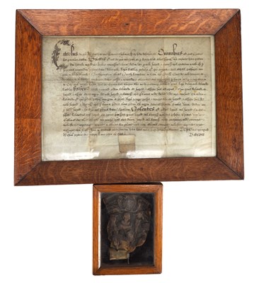 Lot 905 - A 17TH CENTURY ENGLISH WAX SEAL AND VELLUM MANUSCRIPT DOCUMENT IN OAK FRAMES